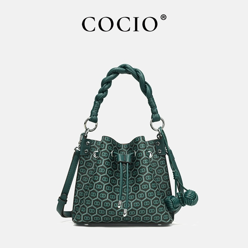 COCIO designer bag New peacock green genuine leather bucket bag simple versatile multi compartment handbag niche design hot selling womens bag
