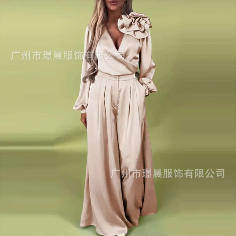 Fashion Solid Color Satin Long Sleeve Shirt Women 2 Piece Spring Autumn Casual Loose Wide Leg Pants Pocket Female Office Set 250723