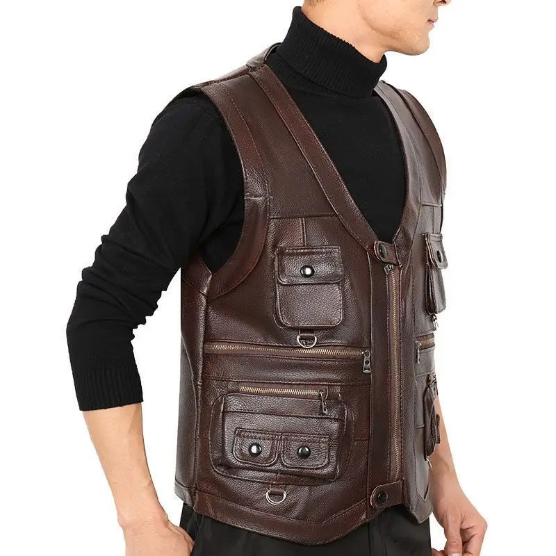 2025 Cowhide Genuine Leather Man Vest Waistcoat Male clothing Jacket Thick Motorcycle Multi Pocket leather biker Men safety vest y250725