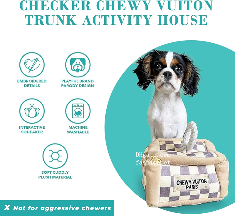 Plush Designer Dog Toys with Interactive Squeaker, Checker Chewy Vuiton Trunk Activity House, Chewing Accessory Handbag Ball Shape Luxury Pet Squeaky 