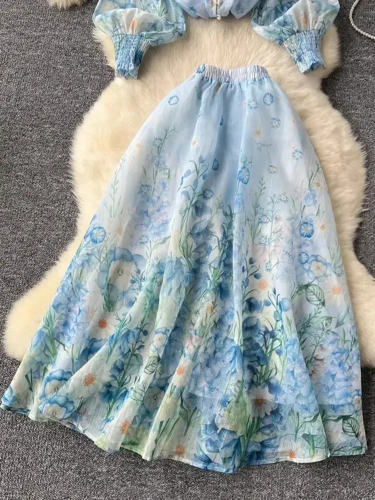 Summer Holiday Organza Gorgeous Flower 2 Piece Set Women Long Lantern Sleeve Shirt Blouse and Elastic Waist A Line Skirt Suit 250725
