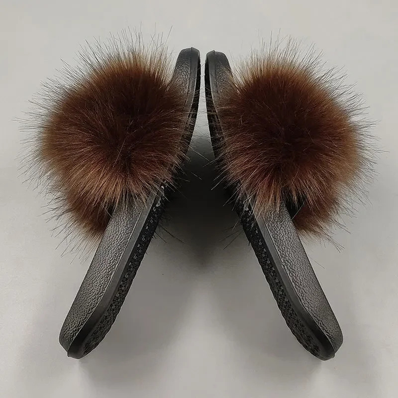 Women Summer Casual Fluffy Slippers With Fur Flat Non-Slip Real Fox Fur Furry Slides Large Size Shoes Fur Sandals 250724