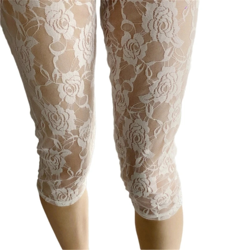 F42F Women Hollowed Out Mesh Shorts Cropped Pants High Waist Sheer s Leggings See Through Flower Lace Tights Underpant 250725