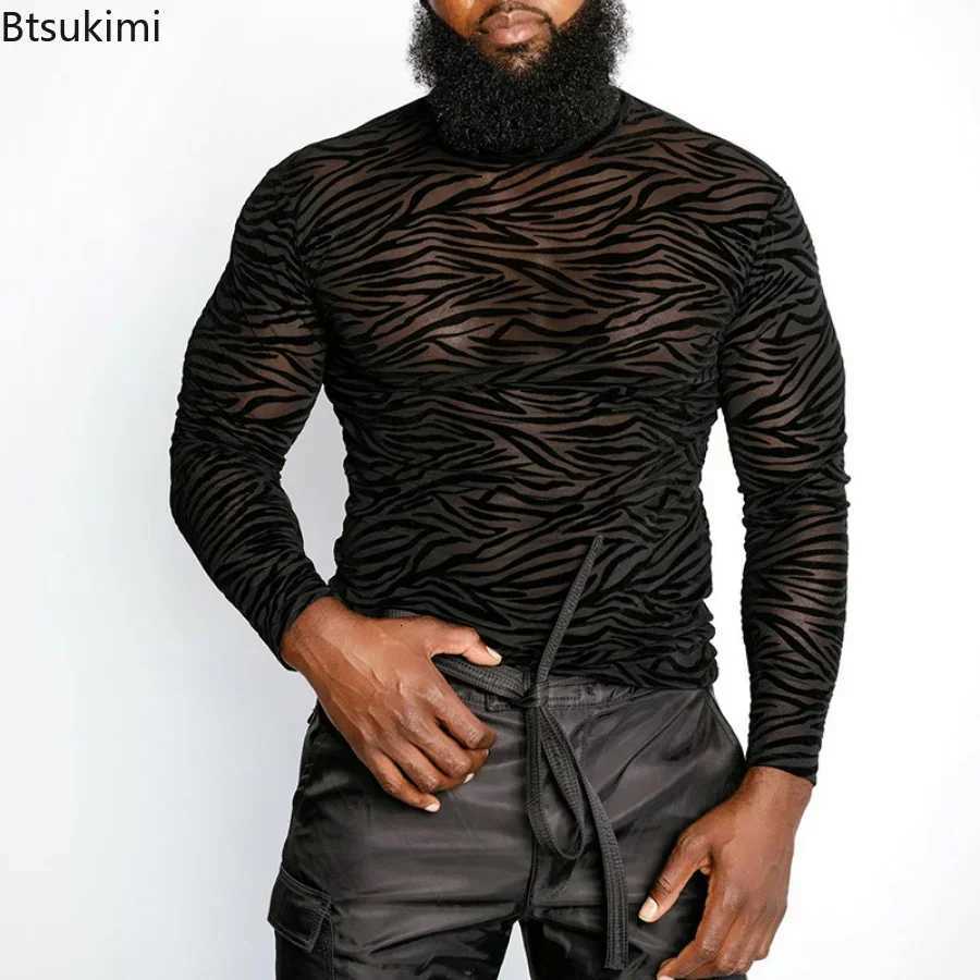 Mens T Shirt Perspective Turtleneck Long-sleeved Lace Tight Fitting T-shirt for Men Streetwear Bottoming Shirt Inside Male Tops Z250725