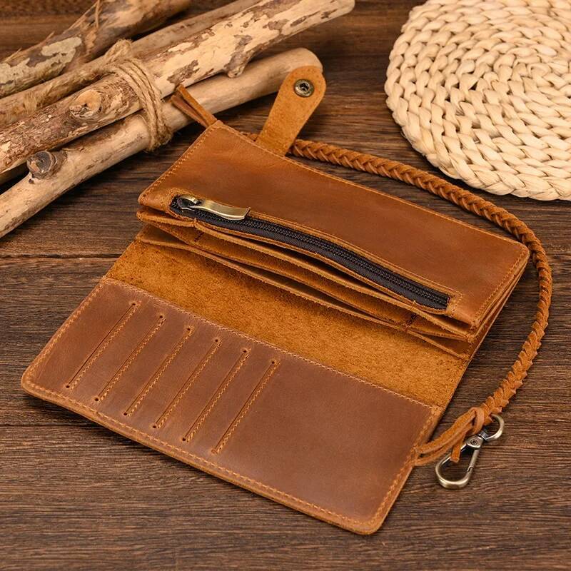 Fashionable Long Wallet With Braided Strap Genuine Leather 2 Folds Cell Purse Coin Inner Zip Clutch Phone Pouch
