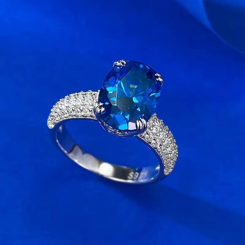 MEENOY Wholesale Price Sterling S925 Silver Micro Inlaid Zircon Jewelry Oval Blue Sapphire Wedding Ring