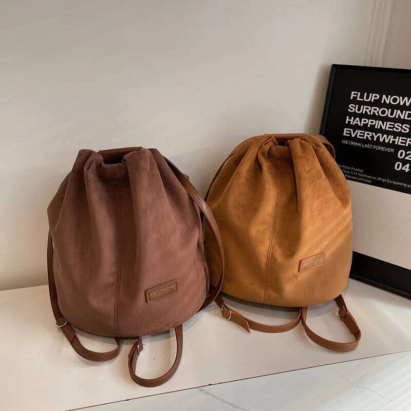 2024 Latest Women Fashion Backpacks Drawstring Bucket Shoulder Bags Soft Suede Large Capacity Rucksack For Travelling Shopping