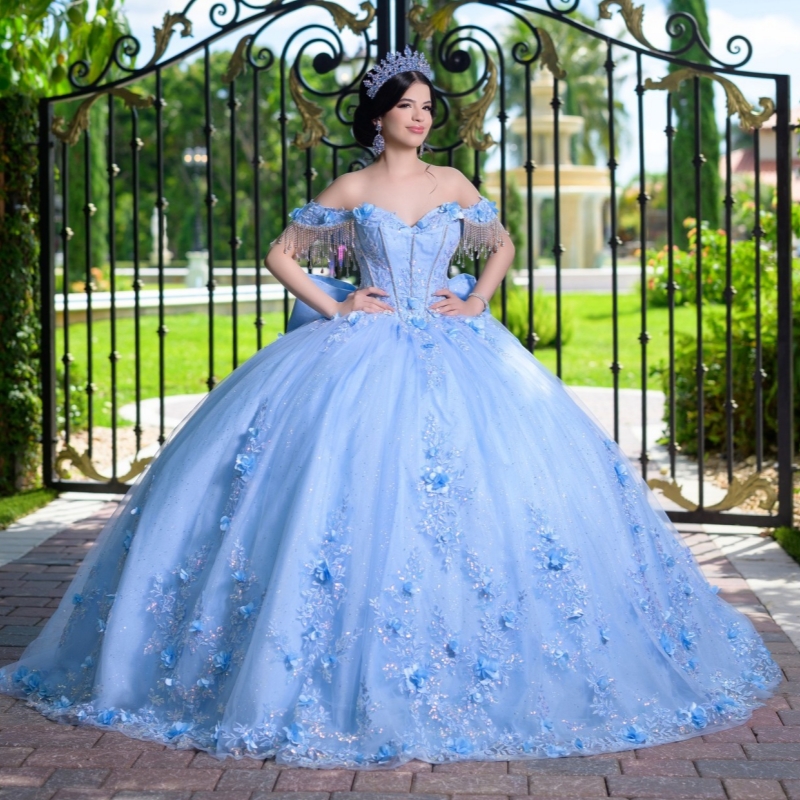 Sky Blue Quinceanera Dresses Ball Gown Off The Shoulder Applique Flower Beads Bow Tull Corset Party Birthday Sweet 16 Dress Vestidos 15 Anos