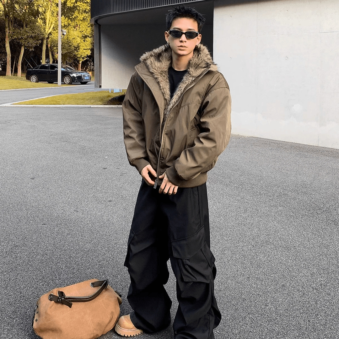 Winter New Warm Plush Y2K Retro Solid Color Cotton Coat Men Street Hip Hop Haruku Cleanfit Loose Stand-up Collar Jacket