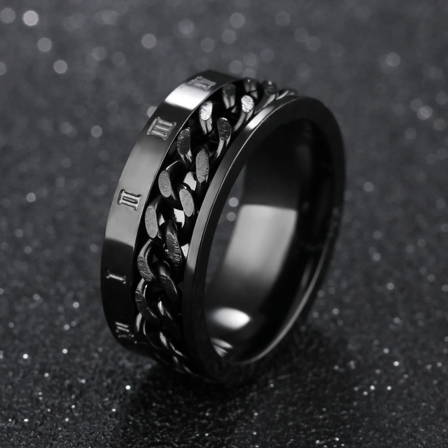 Roman Numerals Stainless Steel Chain Rotating Anxiety Black Rings For Men Fidget Metal Spinner Knuckle Ring Anillos De Hombre 250716