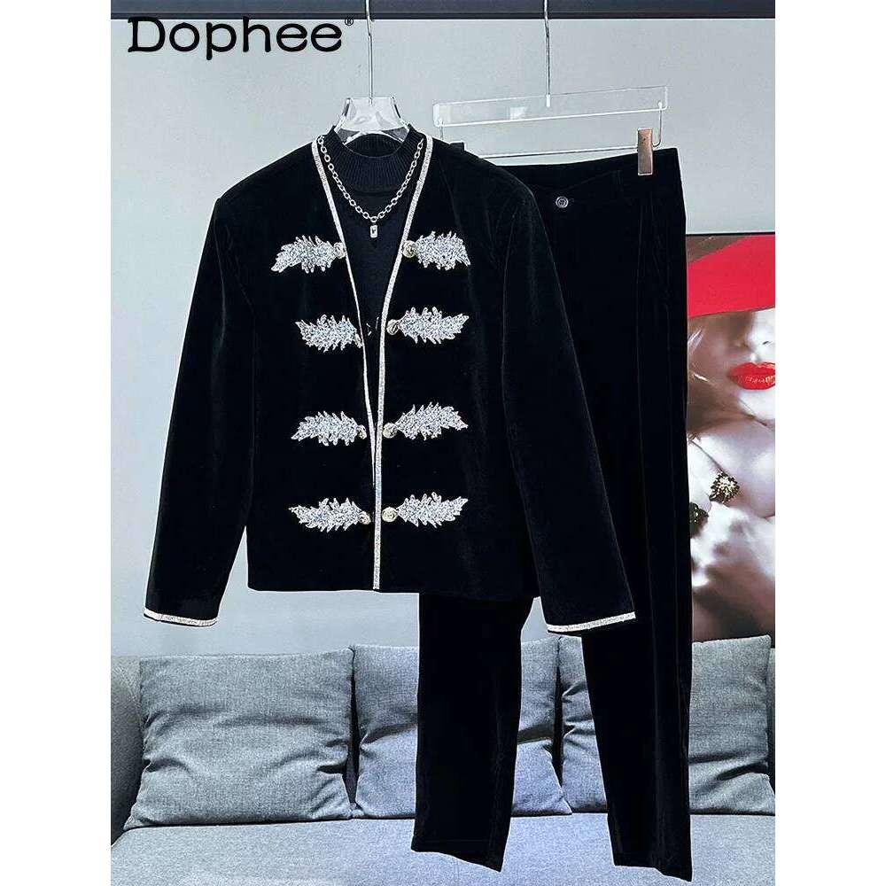 Trendy Male Veet Two-Piece Set 2024 Autumn New Fashion Men's Hot Dia Long-Sleeve Jacket Trousers Suit