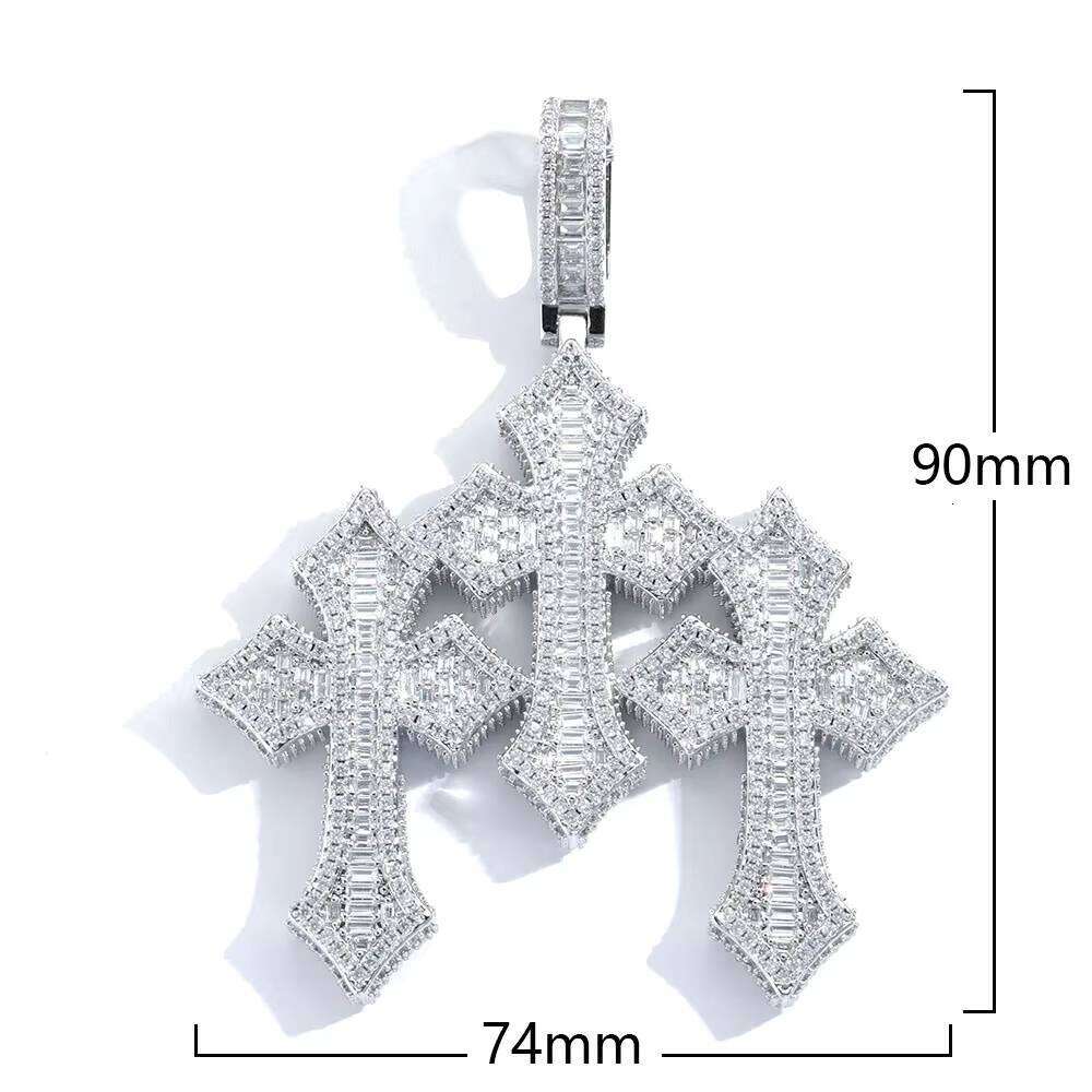 NUOYA Fine Jewelry Pass Dia Tester Large Hip Hop for Men Women Iced Out Baguette Moissanite Three Cross Pendant