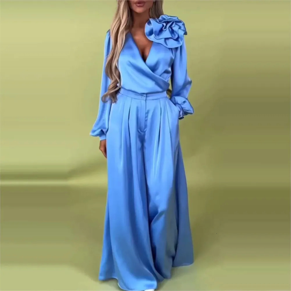 Fashion Solid Color Satin Long Sleeve Shirt Women 2 Piece Spring Autumn Casual Loose Wide Leg Pants Pocket Female Office Set 250723