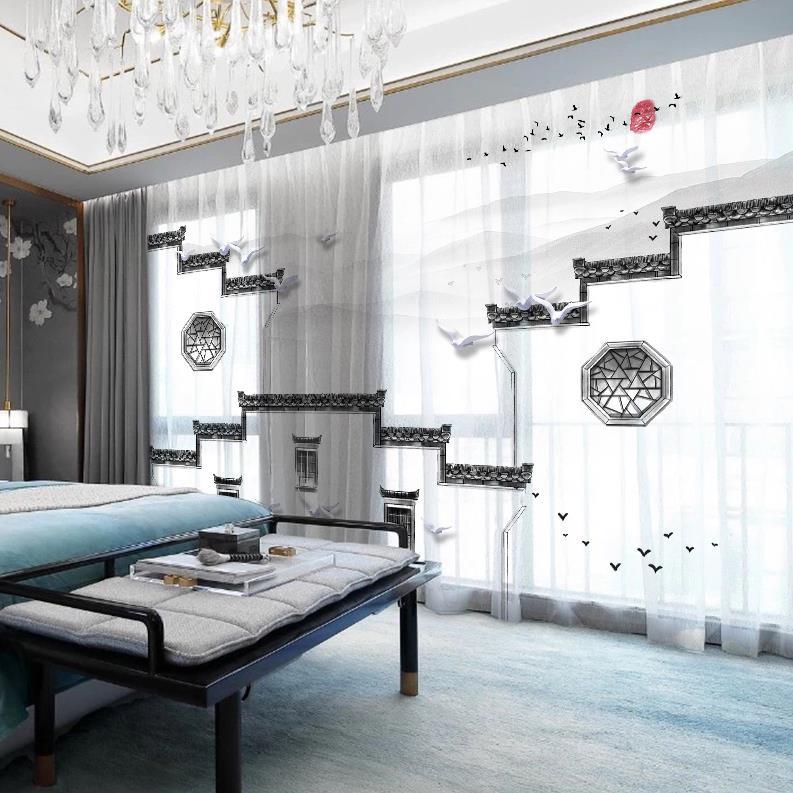 YL-36670 whole house Chinese style curtain new Chinese style Jiangnan retro classical Hui style ancient building living room villa blackout window scr