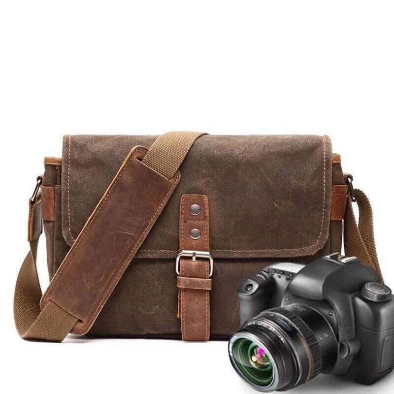 Men Vintage Oil Waxed Shoulder Shockproof DSLR Camera Luxury Bag Bag Waterproof Canvas messenger casual Crossbody Bags for men OLOEY