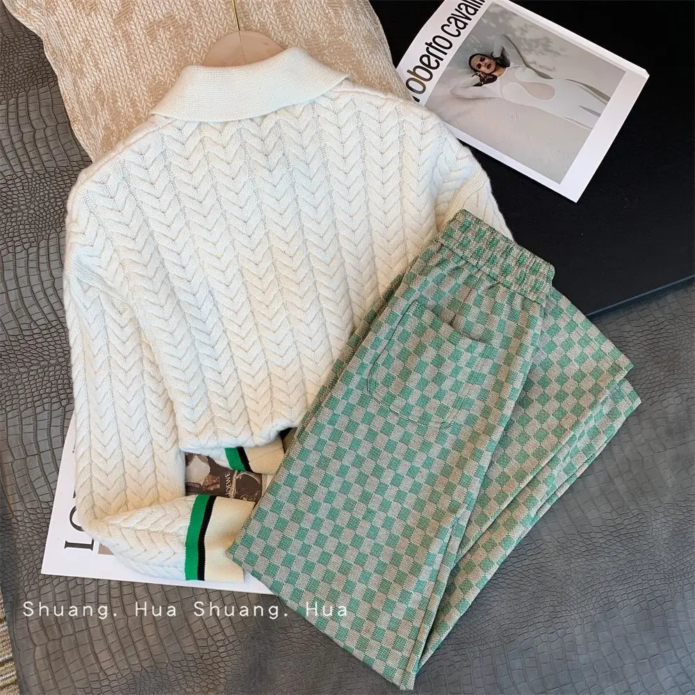 Autumn Chic Style Suit Set Womens Trendy Casual Wide Leg Pants Two Piece Outfit Elegant Slim Fit Fashion Loungewear 250726