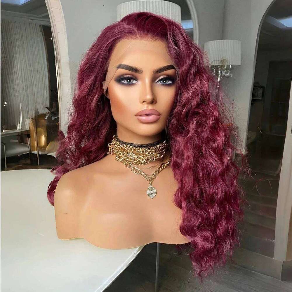 Bury Long Deep Wave 13x4 Lace Front Synthetic Hair Wigs for Women Wine Red Natural Hairline Daily Use Heat Resistant Wig