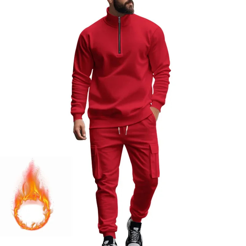 Autumn and Winter Mens Casual Velvet Warm Zipper Sports Trousers Set 250725