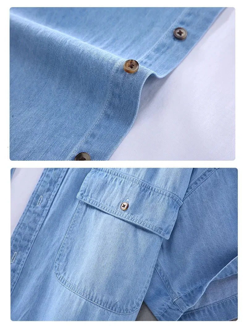 Summer Mens Short Sleeve Denim Shirt Retro Casual Workwear Square Collar Double Pockets Loose Jean Shirts Korean Clothes 250725