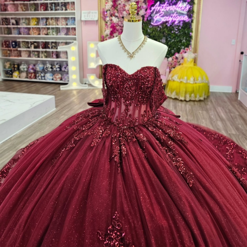 Red Shiny Quinceanera Dresses Ball Gown Off The Shoulder Applique Lace Bow Beading Party Birthday Sweet 16 Dress Vestidos 15 Anos