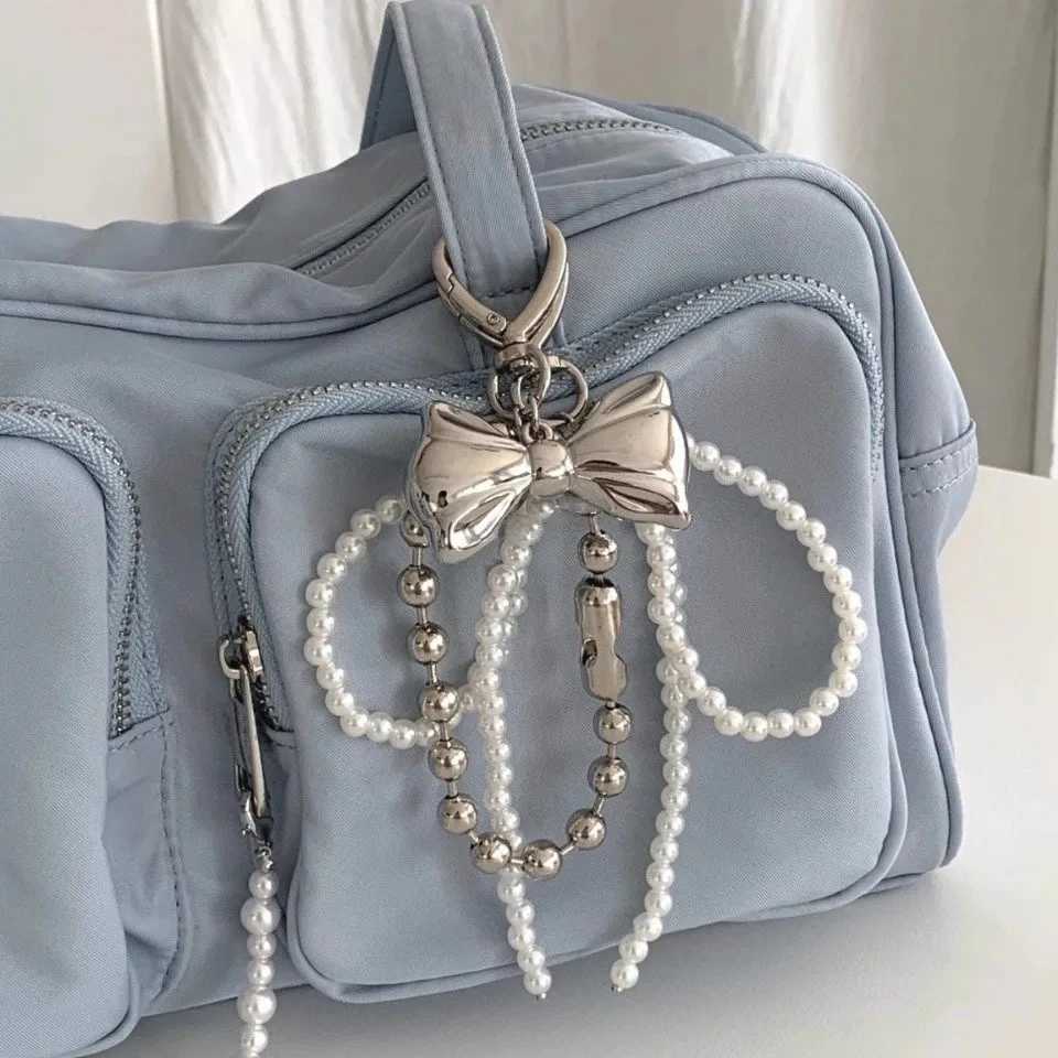 Zakol Y2k Korean Cute Beaded Pearl Bowknot Keychain for Women Girls Metal Bow Pendant Bag Decoration Accessories 250715