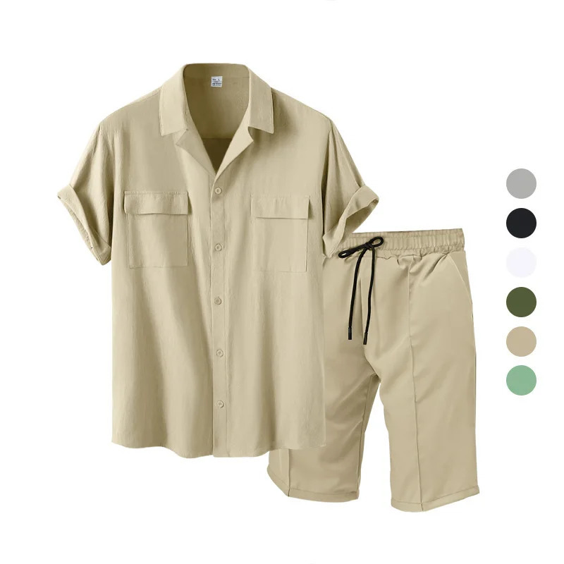 Casual Fashion Mens Suit Summer Beach Style Solid Color Mens Shirt Short Sleeve and Shorts TwoPiece Set Mens Clothing 250724