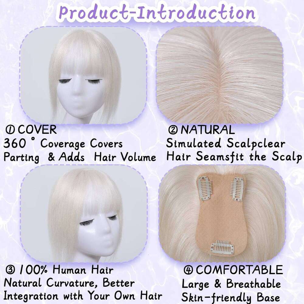 10 inch Blonde Topper with Air Bangs Silk Straight Pieces Platinum Natural 100% Remy Human Hair for Women Use