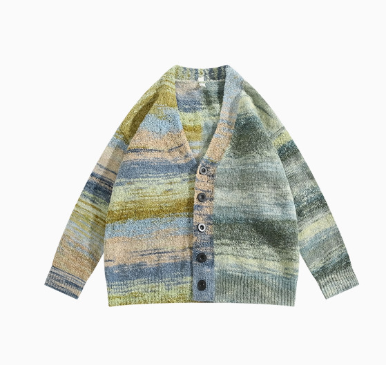 Autumn New Lazy Style Rainbow Color Block Sweater Knitwear Couple Cardigan Jacket Trendy
