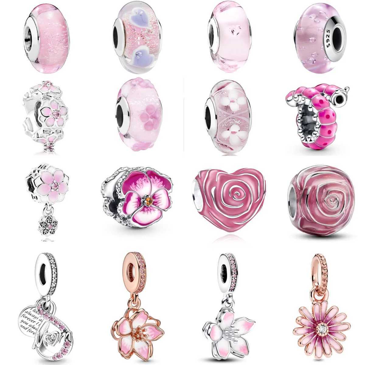 Hot Sale Pink Charms Heart Dangle Murano Charm Beads Flower Pendant DIY Jewelry Fits Original 925 Sterling Silver Bracelet XJ250726