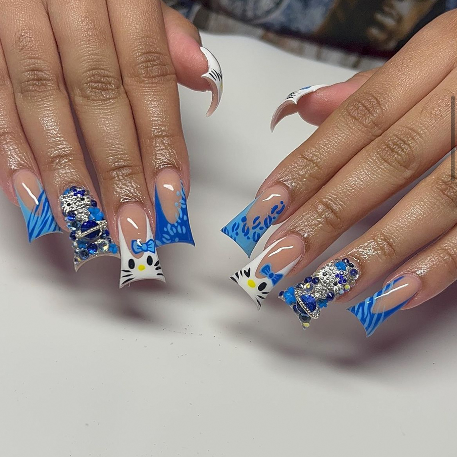 Extra Long Square Fake Nail with Glue 3D Blue Color Cute Full Cover False Nails White French Press on Nails Wearable Manicure