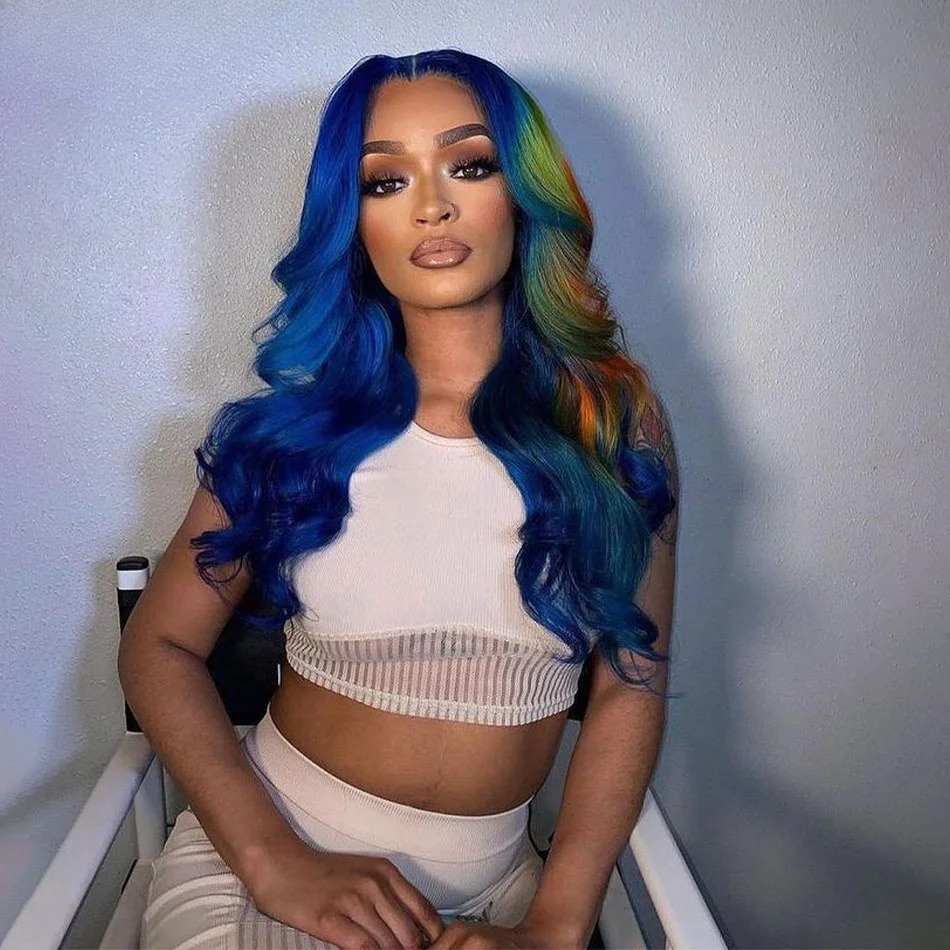 Blue Wig Multi Colored Lace Front Wig Body Wave Human Hair Blue With Red Green Highlight Synthetic 13X4 Lace Closure Pre Plucked 180% peruca