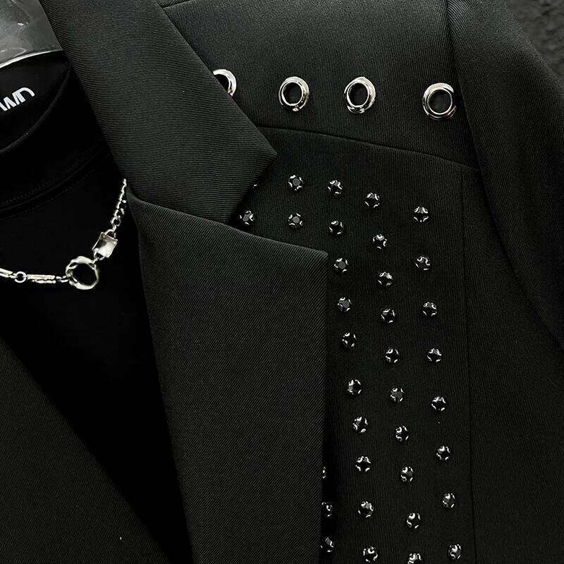 High-End Metal Hole Black Blazers Men's 2025 Spring Autumn New Handsome Loose Suit Jackets Male Long Sleeve Chic Tailored Coats