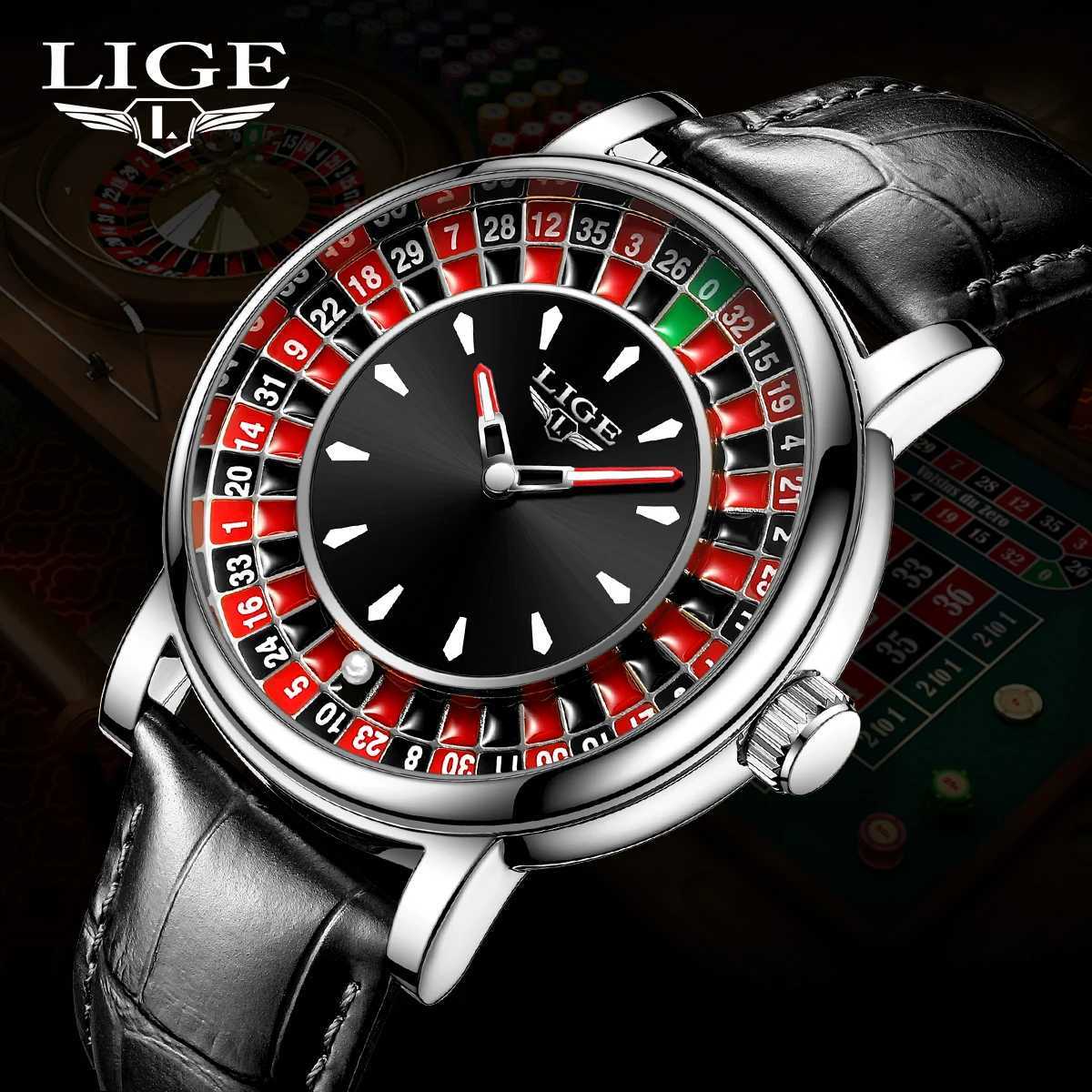 LIGE Quartz Mens Watch Fashion Luxury Creative Roette Game Dial Design Leather Casual Life Waterproof Watches for Men Gifts+Box X2507261