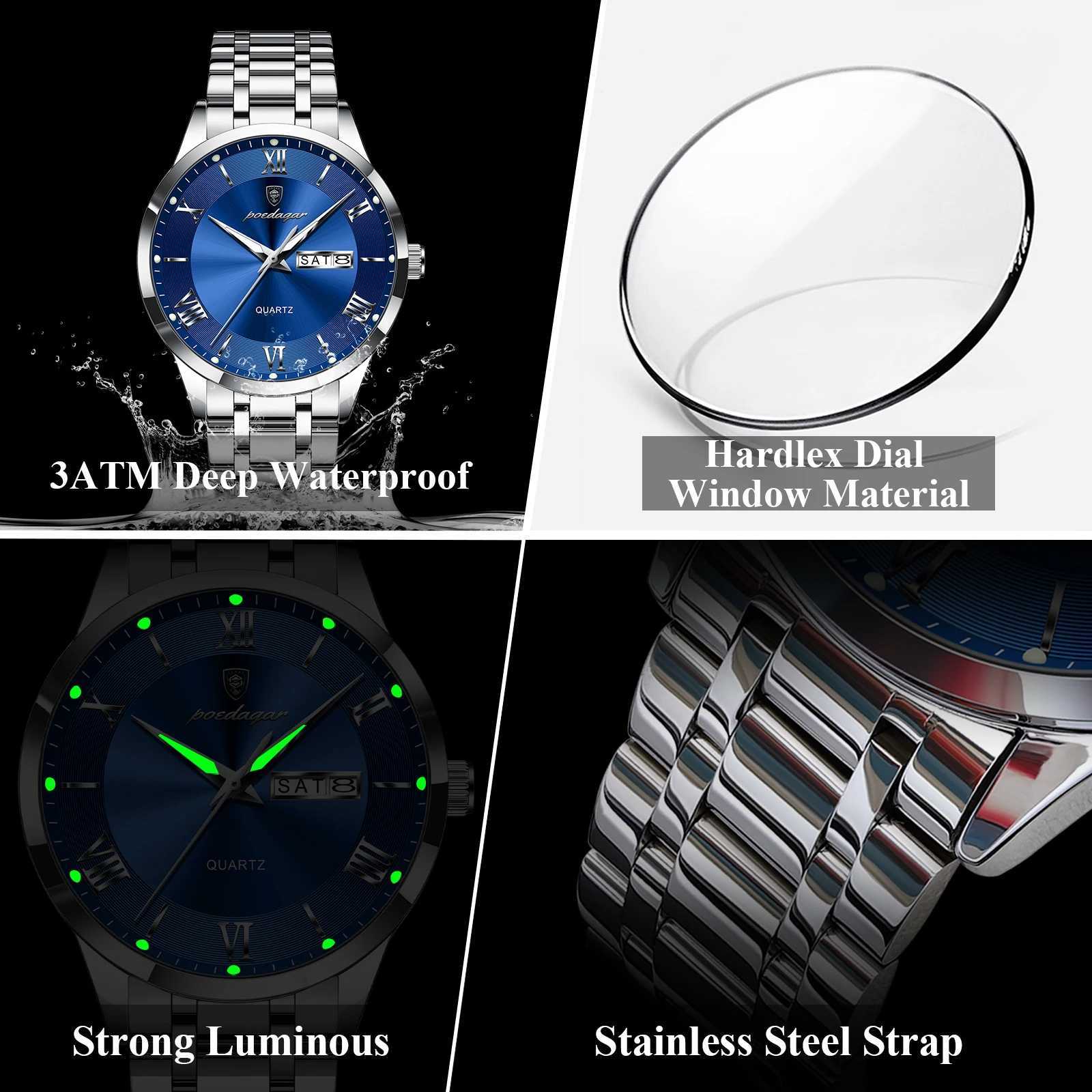 POEDAGAR Luxury Casual Watch For Man Date Week Waterproof Luminous Stainless Steel Men Watch Sport Quartz Mens Watches M+Box X250726