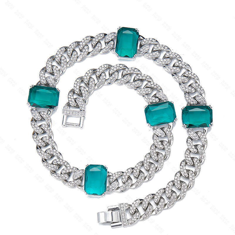 Emerald New Hip-Hop Necklace Fashionable High-End Alloy Rhinestone Cuban Chain Pinduoduo