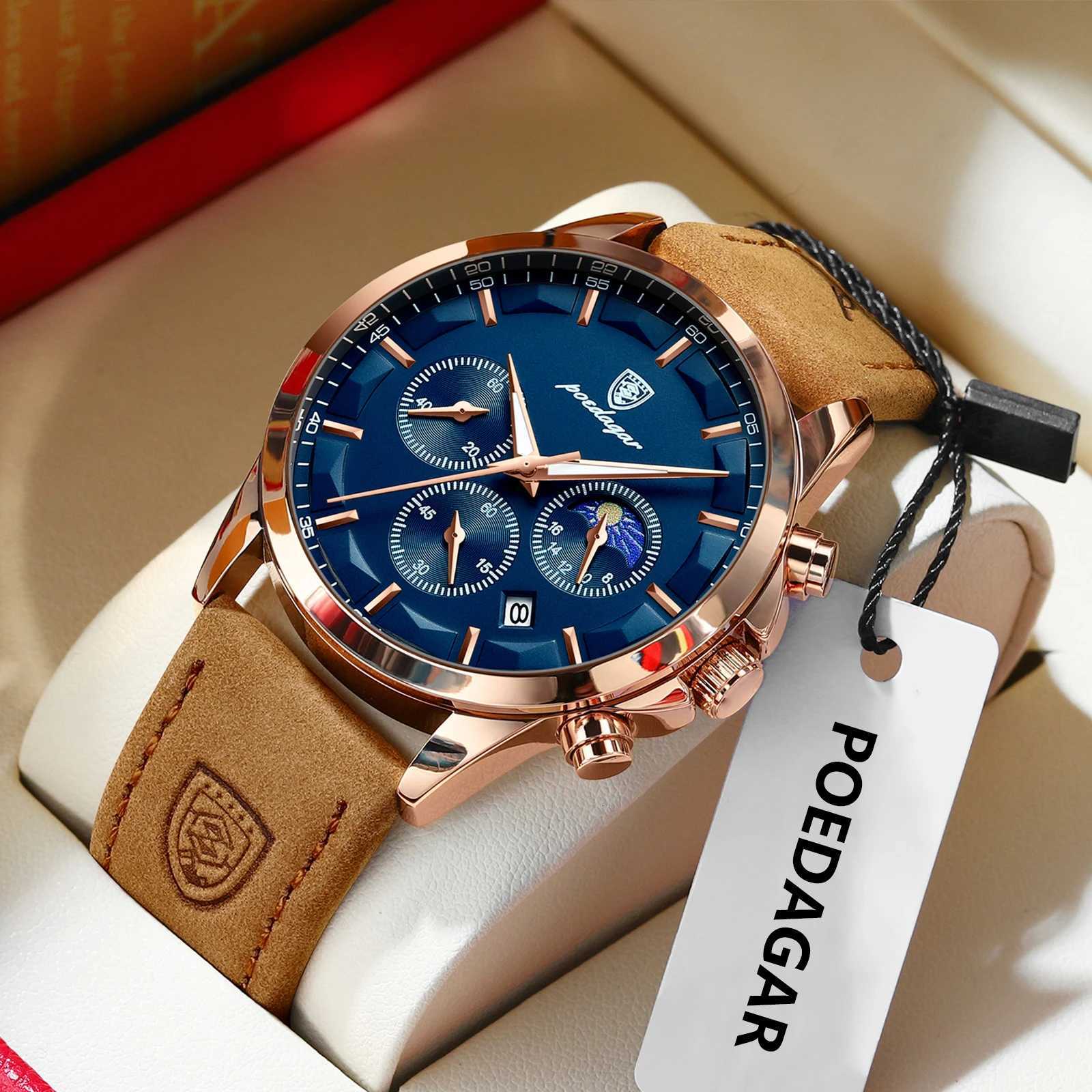 POEDAGAR Luxury Business Mens Watch Waterproof Chronograph Luminous Date M Wristwatch Leather Fashion Mens Quartz Watches with Box X250726
