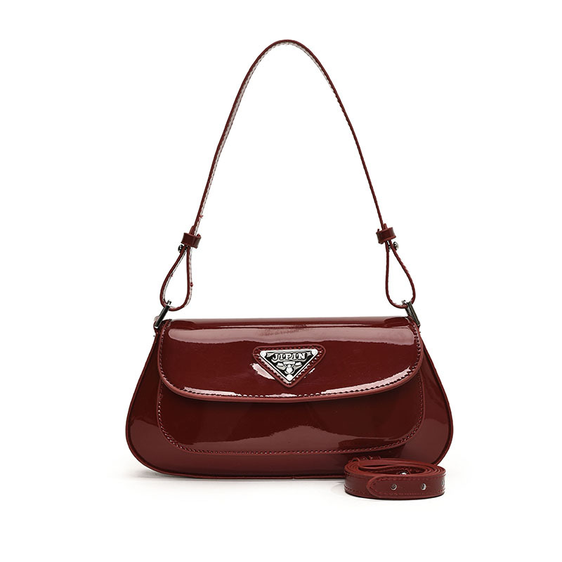 Elegant women's bag designer's new fashionable glossy patent leather underarm bag versatile and simple shoulder bag square bag Wine red blac