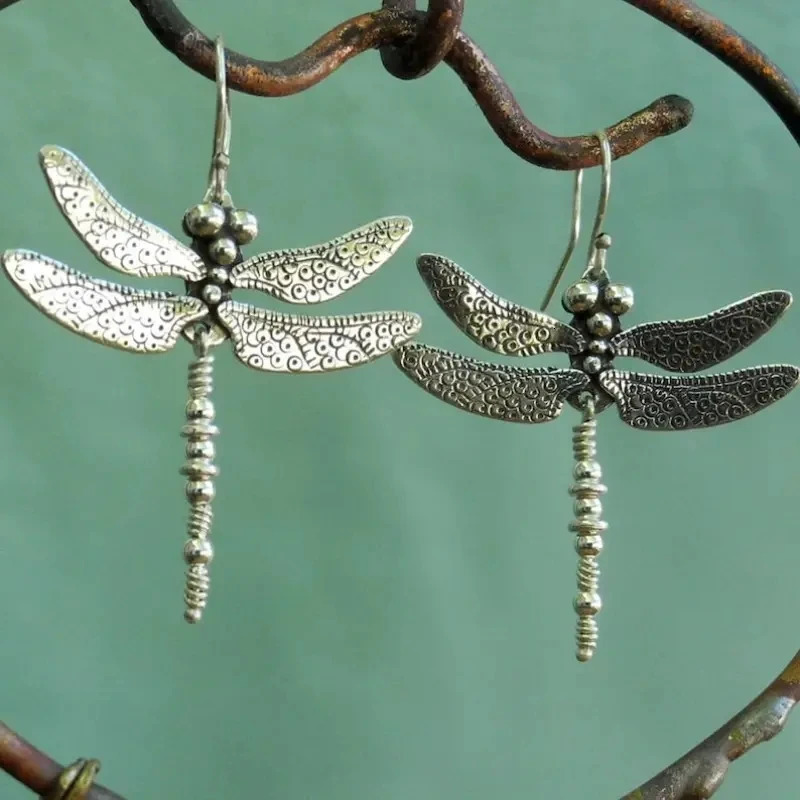 Vintage Dragonfly n Carved Pattern Dangle Earrings Retro Bohemian Style Silver Color Jewelry Trendy Female Ear Ornaments 250715