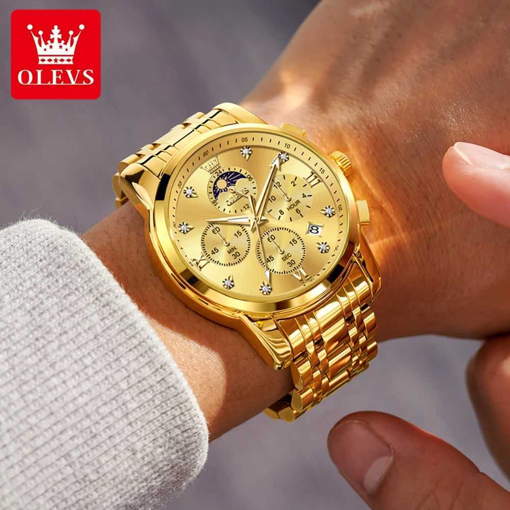 OLEVS Top Luxury Brand Mens Watches Moon Phase Chronograph Quartz Watch for Man Gold Stainless Steel Luminous Watch X250726
