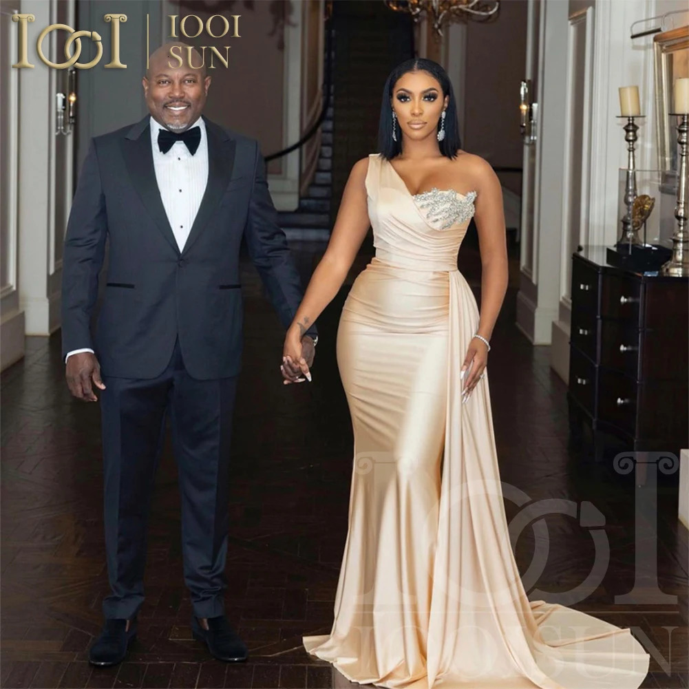 IOOISUN Customized Champagne Bridesmaid Dress Beaded Crystal One Shoulder Wedding Party Gown Long Fomal Dresses Robe 250725