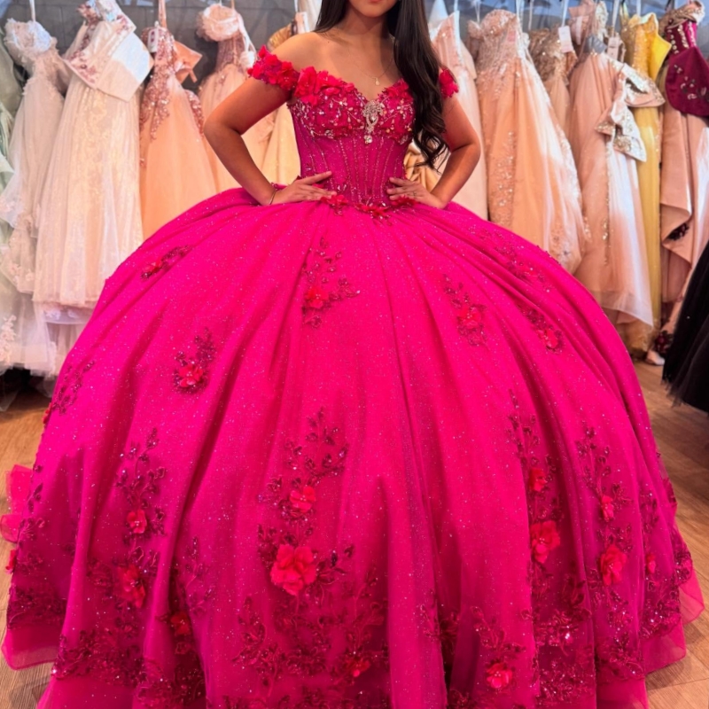 Rose Red Shiny Quinceanera Dresses Ball Gown Off The Shoulder Sequin Applique Flower Beads Bow Tull Party Birthday Sweet 16 Dress Vestidos 15 Anos