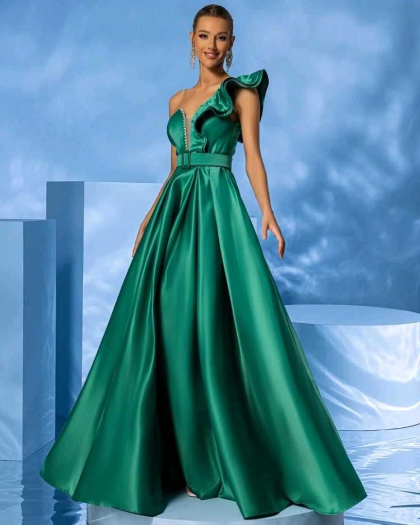 Elegant Green Evening Dresses Satin One Shoulder Sleeveless Crystal A-line Women Formal Party Prom Gowns Customised
