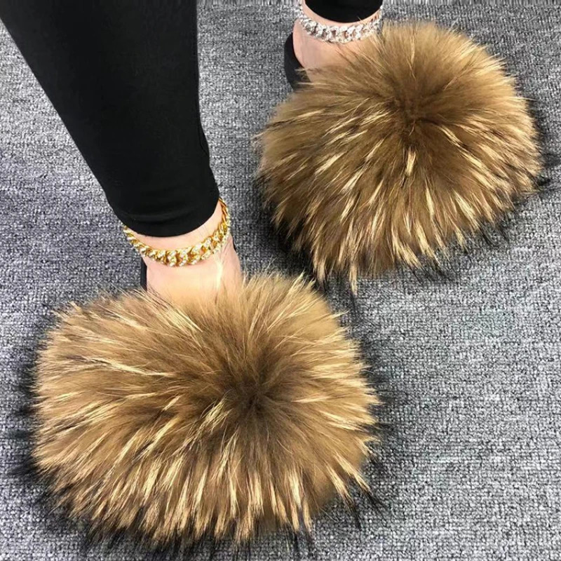 Fur Slippers Summer Women Real Fox Fur Slides Home Furry Flat Sandals Non-Slip Fluffy Flip Flops Ladies Woman Cute Plush Shoes 250724