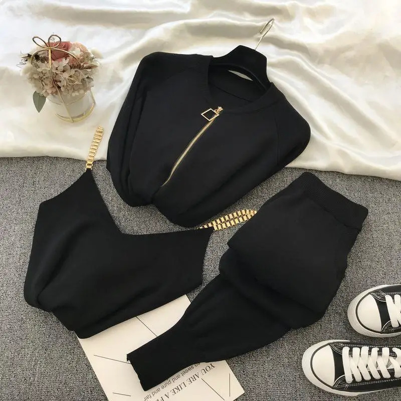 Women Zipper Knitted Cardigans Sweaters Pants Sets Vest Women Fashion Jumpers Trousers 3 PCS Costumes Outfit 250723