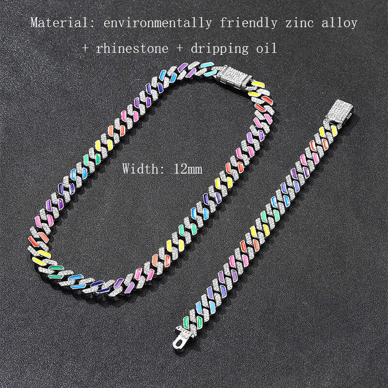 Fashion Trendy Brand Minimalist Hip-Hop Dia Full Oil Drop Cuban Chain Necklace Bracelet Accessories