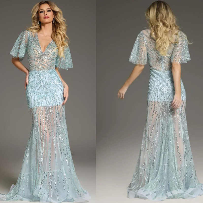 Blue Slim Evening Dress V Neck Short Sleeve Crystal Lace Sweep Train Dress Formal Occasion Women Long Gowns Customised
