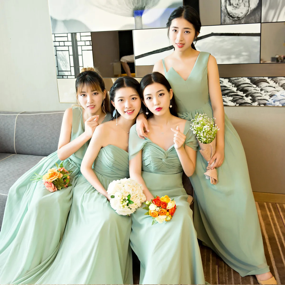 Green Bridesmaid Dresses Wedding 2024 Summer Chiffon Beach Group Gown 250725