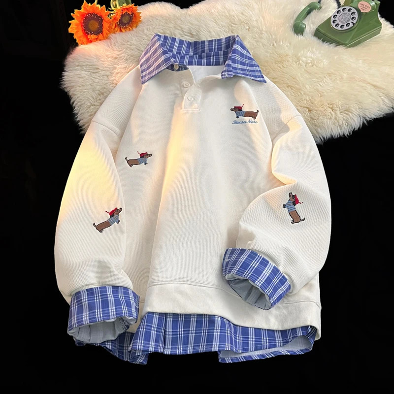Plaid Patchwork Two Sweatshirt College Style Puppy Embroidery POLO Collar Sweatshirt Men Women Loose Pullover Tops 250725