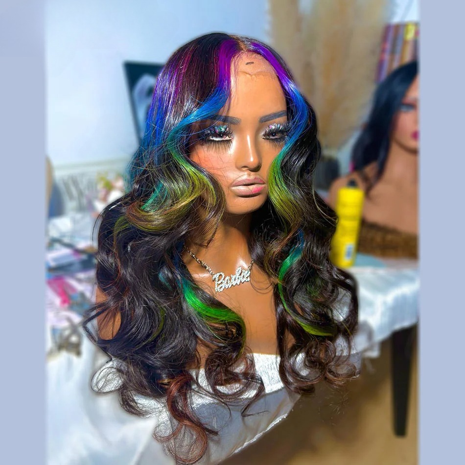 Highlight Ombre Purple Blue Green Multicolor 13x4 Transparent Lace Frontal Wig Synthetiv Body Wave PrePlucked Ready Go Closure Wig pelucas de mujer