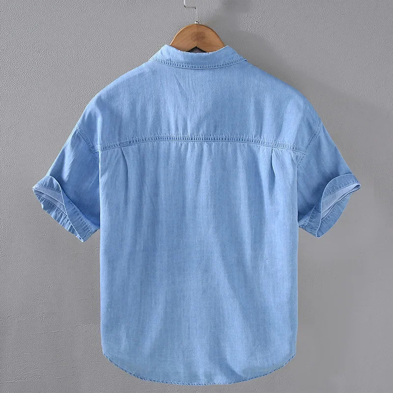 Summer Mens Short Sleeve Denim Shirt Retro Casual Workwear Square Collar Double Pockets Loose Jean Shirts Korean Clothes 250725
